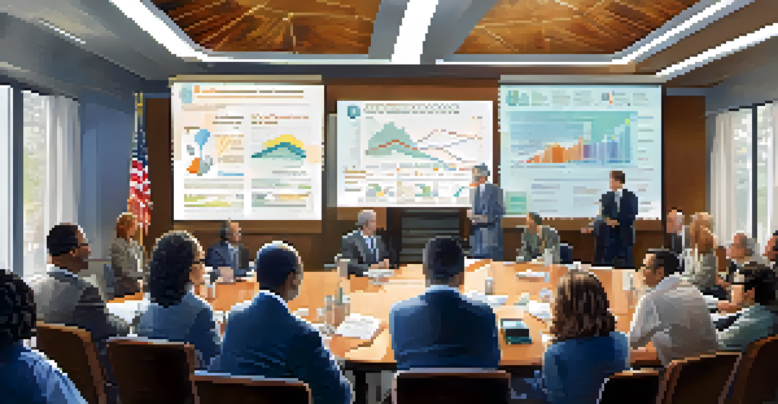 A tax policy meeting with policymakers discussing public health funding, featuring graphs and charts on a screen with natural light streaming in.