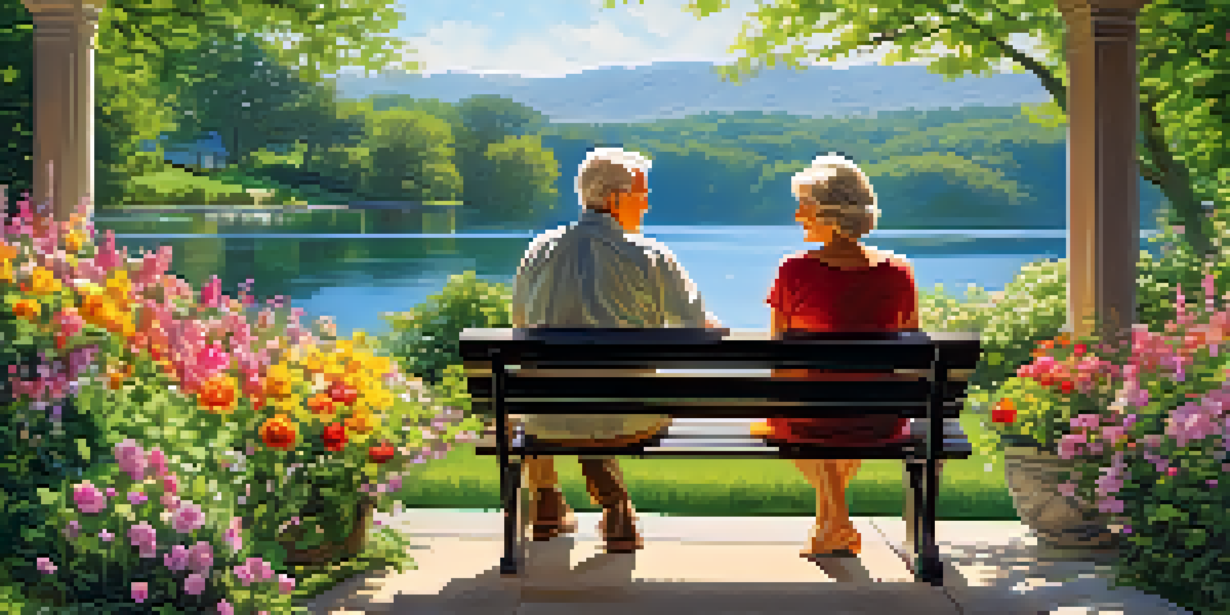 An elderly couple sitting on a bench in a vibrant garden, smiling and enjoying their surroundings near a peaceful lake.