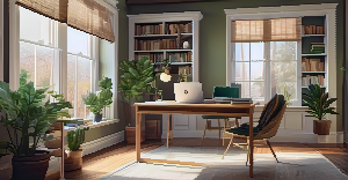 A cozy home office with a wooden desk, laptop, plants, and books, illuminated by natural light from a window.