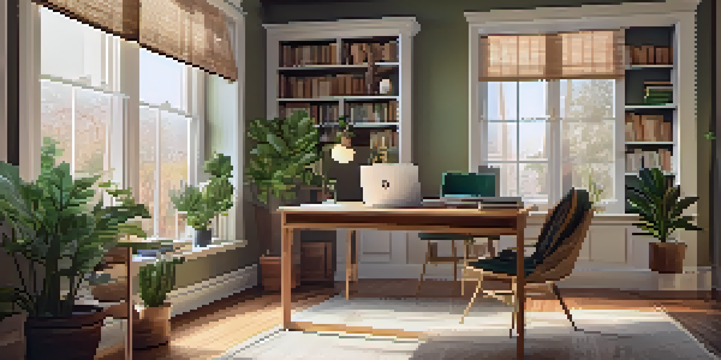 A cozy home office with a wooden desk, laptop, plants, and books, illuminated by natural light from a window.