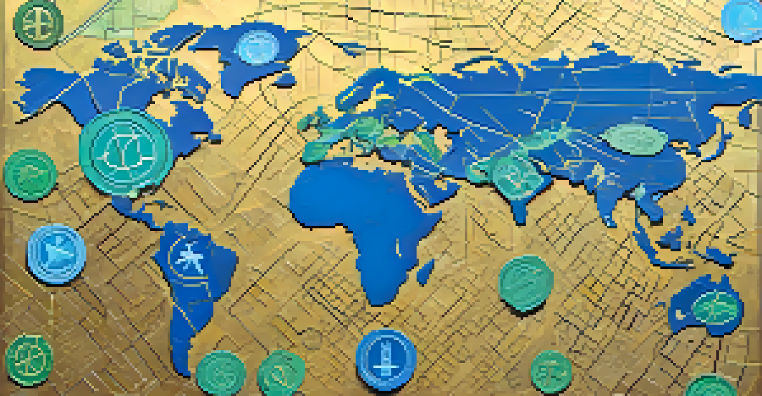 An abstract representation of global taxation with country maps and currency symbols in vibrant colors.