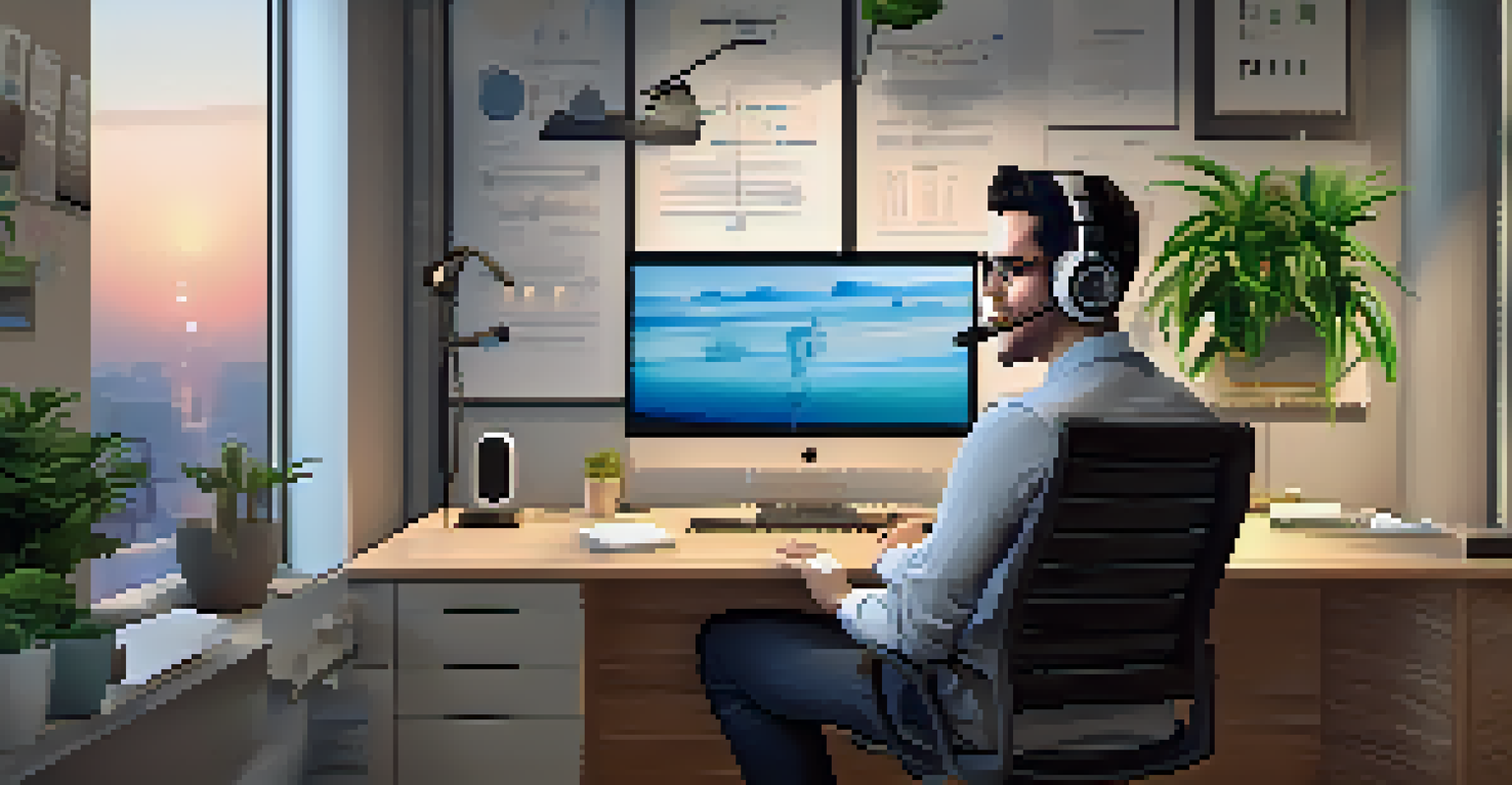 A business person on a video call at a modern desk, with motivational art and soft lighting in the background.