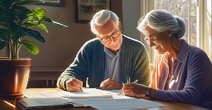 A retired couple reviewing financial documents at a table in a warm, sunlit room, with plants and family photos around them.