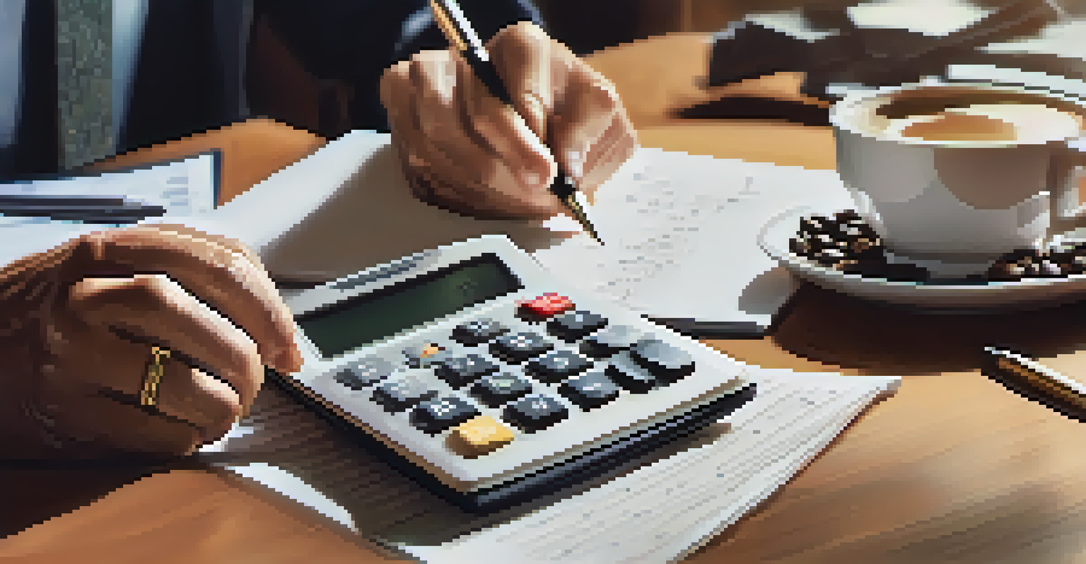 Close-up of hands using a calculator with notes and a cup of coffee in the background.