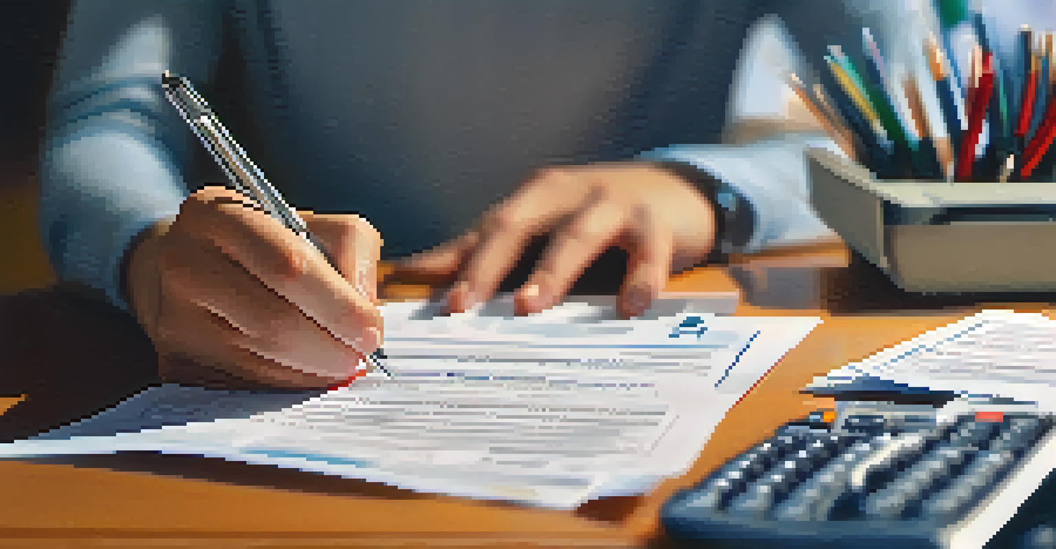 A close-up of hands filling out a tax return form, surrounded by receipts and a laptop, illuminated by a desk lamp.