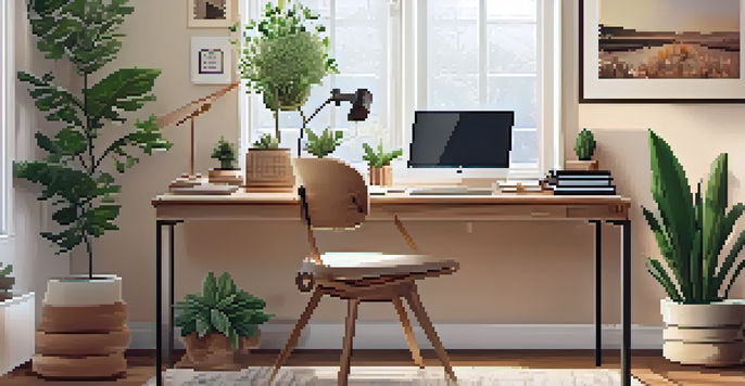 A warm and inviting home office with a wooden desk, open laptop, plants, and motivational artwork on the walls.