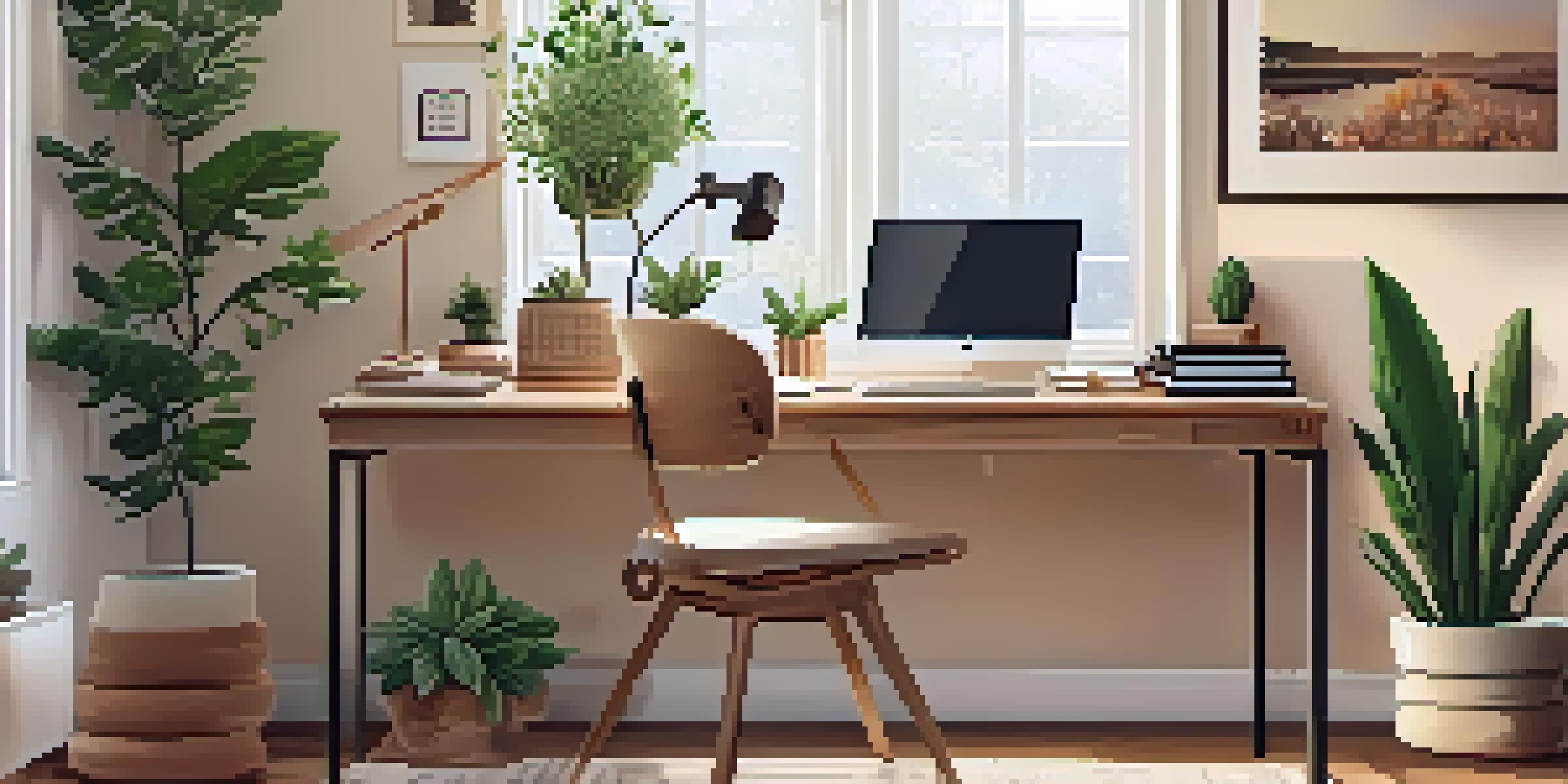 A warm and inviting home office with a wooden desk, open laptop, plants, and motivational artwork on the walls.
