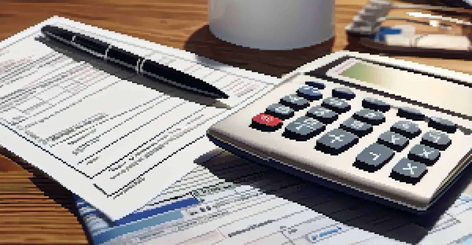 A close-up of an open tax form with a calculator and receipts on a wooden desk, illuminated by soft morning light.