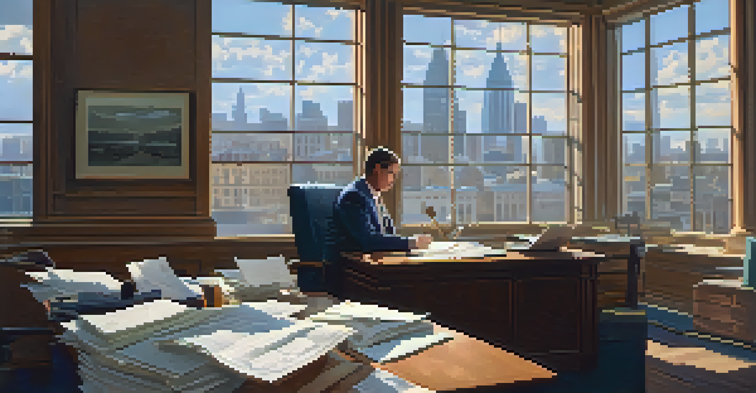 A policymaker in a cozy office, reviewing documents with a cityscape visible outside, surrounded by papers and a laptop.