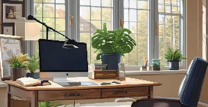 A bright and organized home office with a wooden desk, laptop, potted plants, and a cozy armchair, illuminated by natural light.