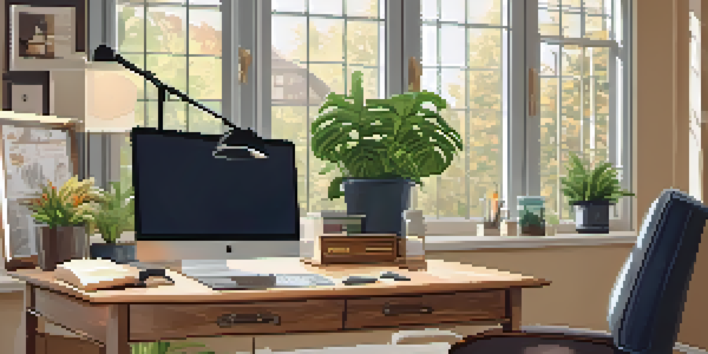 A bright and organized home office with a wooden desk, laptop, potted plants, and a cozy armchair, illuminated by natural light.