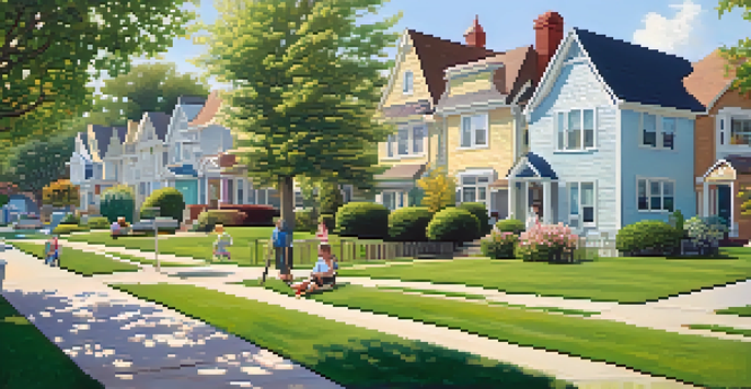 A peaceful suburban neighborhood filled with houses, gardens, and children playing in the park under a clear blue sky.