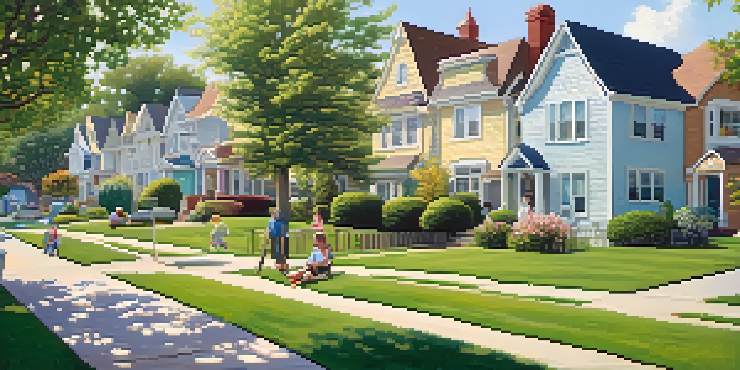 A peaceful suburban neighborhood filled with houses, gardens, and children playing in the park under a clear blue sky.