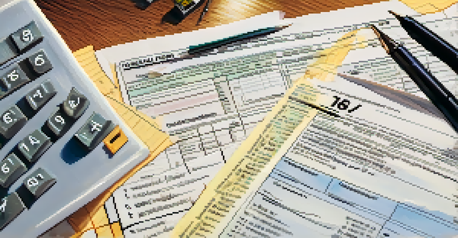 A close-up of a hand writing on a tax form with receipts and a calculator on a desk.