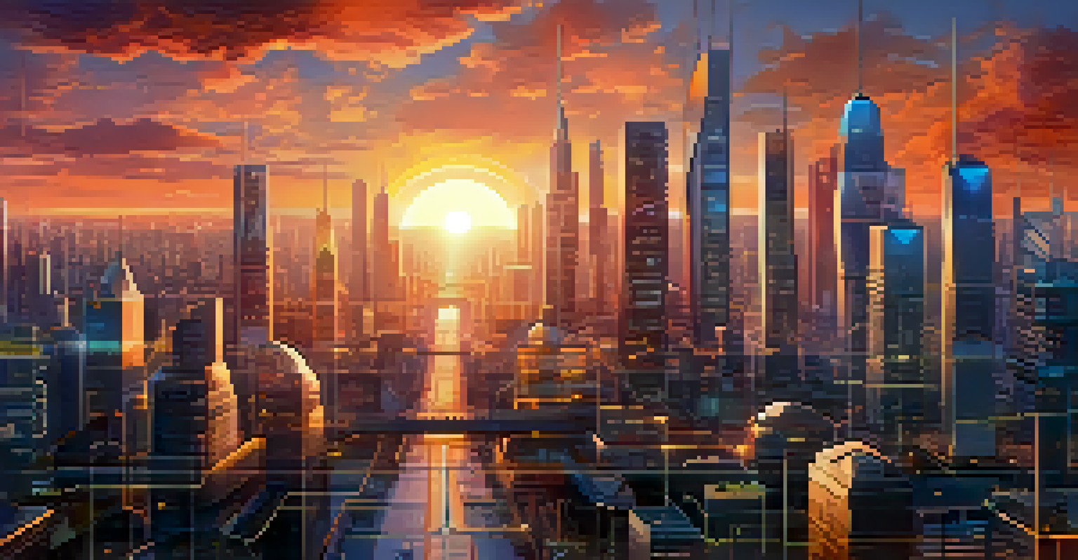 A futuristic city skyline featuring technology and tax compliance symbols against a sunset.