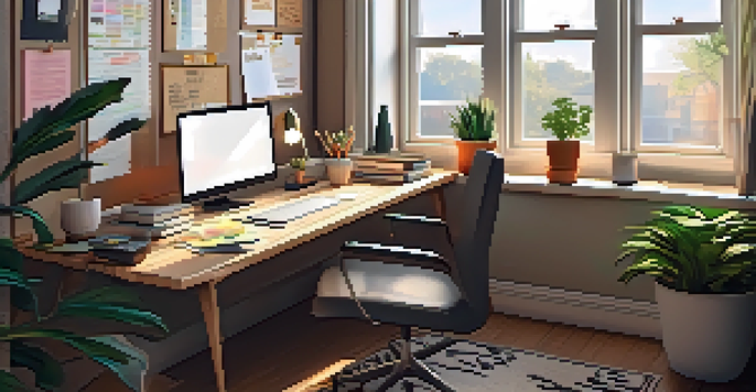 A cozy home office with a wooden desk, a laptop, papers, a cup of coffee, and a potted plant under soft morning light.