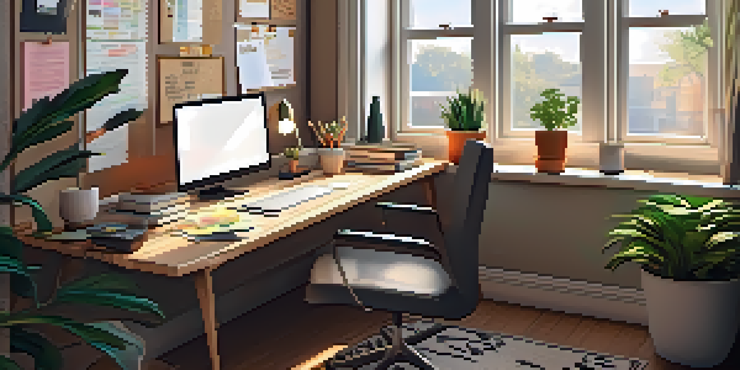 A cozy home office with a wooden desk, a laptop, papers, a cup of coffee, and a potted plant under soft morning light.