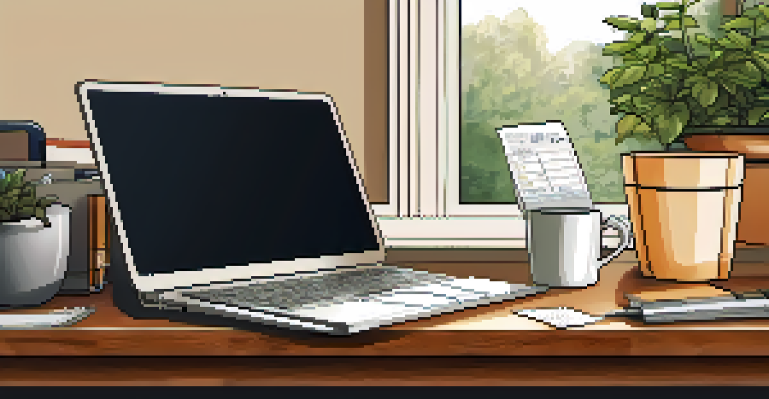 An organized desk with a planner, receipts, and a laptop illuminated by a warm desk lamp, with a calendar highlighting tax deadlines on the wall.