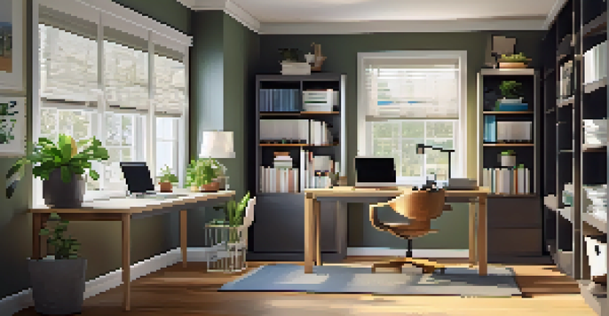 A bright and organized home office with a desk, laptop, plant, and bookshelf, featuring a visible calendar with tax deadlines.