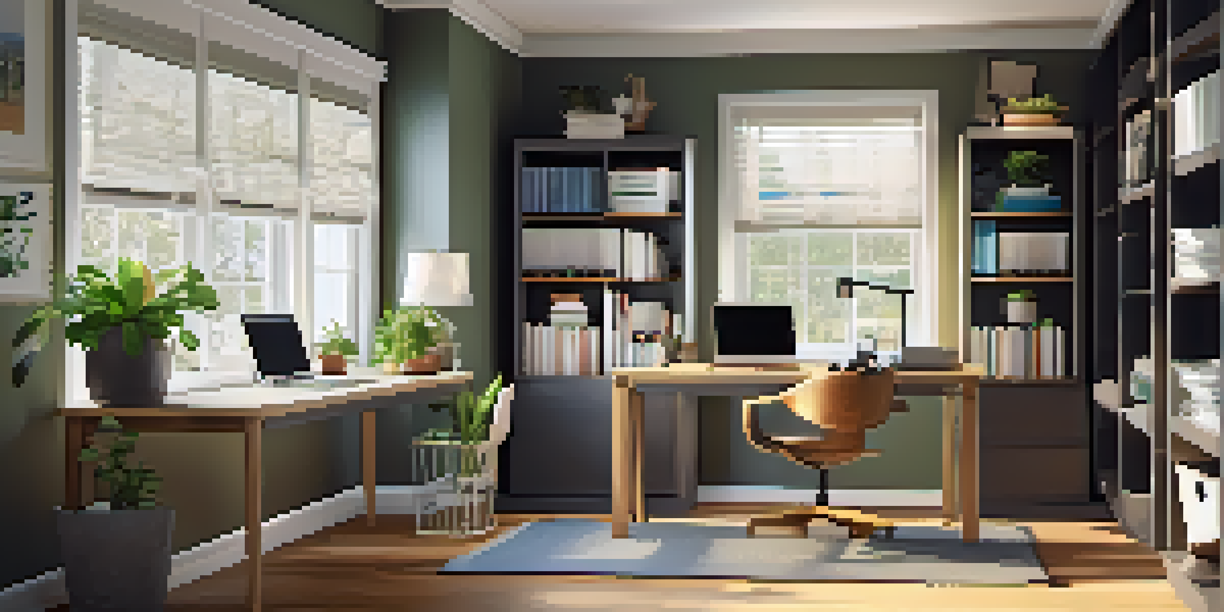A bright and organized home office with a desk, laptop, plant, and bookshelf, featuring a visible calendar with tax deadlines.