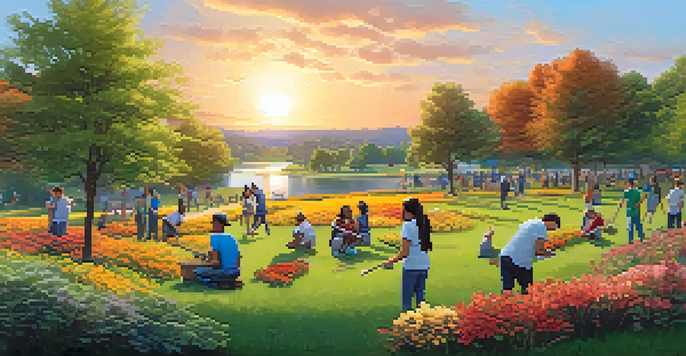 A community park filled with diverse people volunteering, planting trees, and organizing donations during a vibrant sunset.