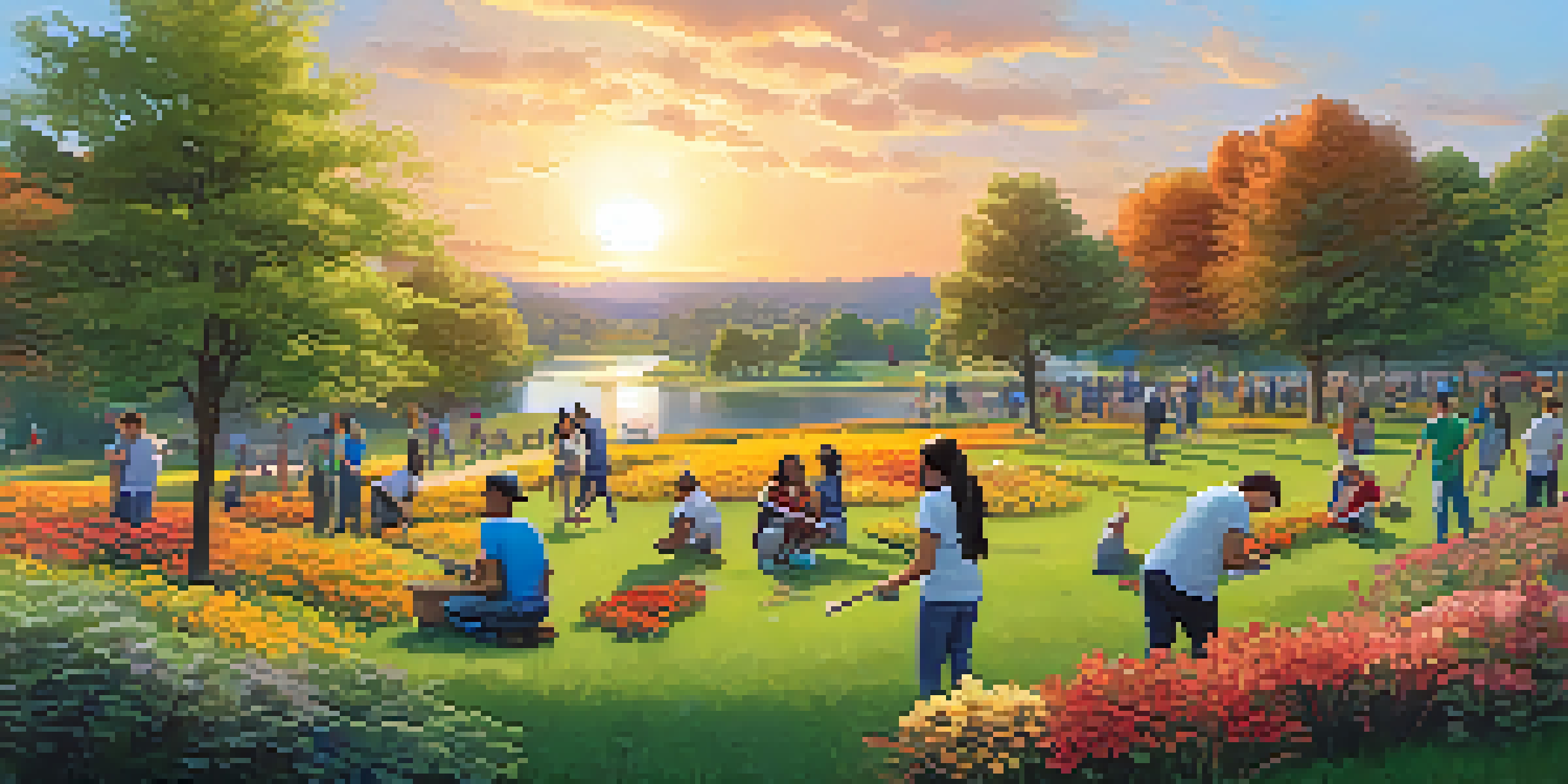 A community park filled with diverse people volunteering, planting trees, and organizing donations during a vibrant sunset.