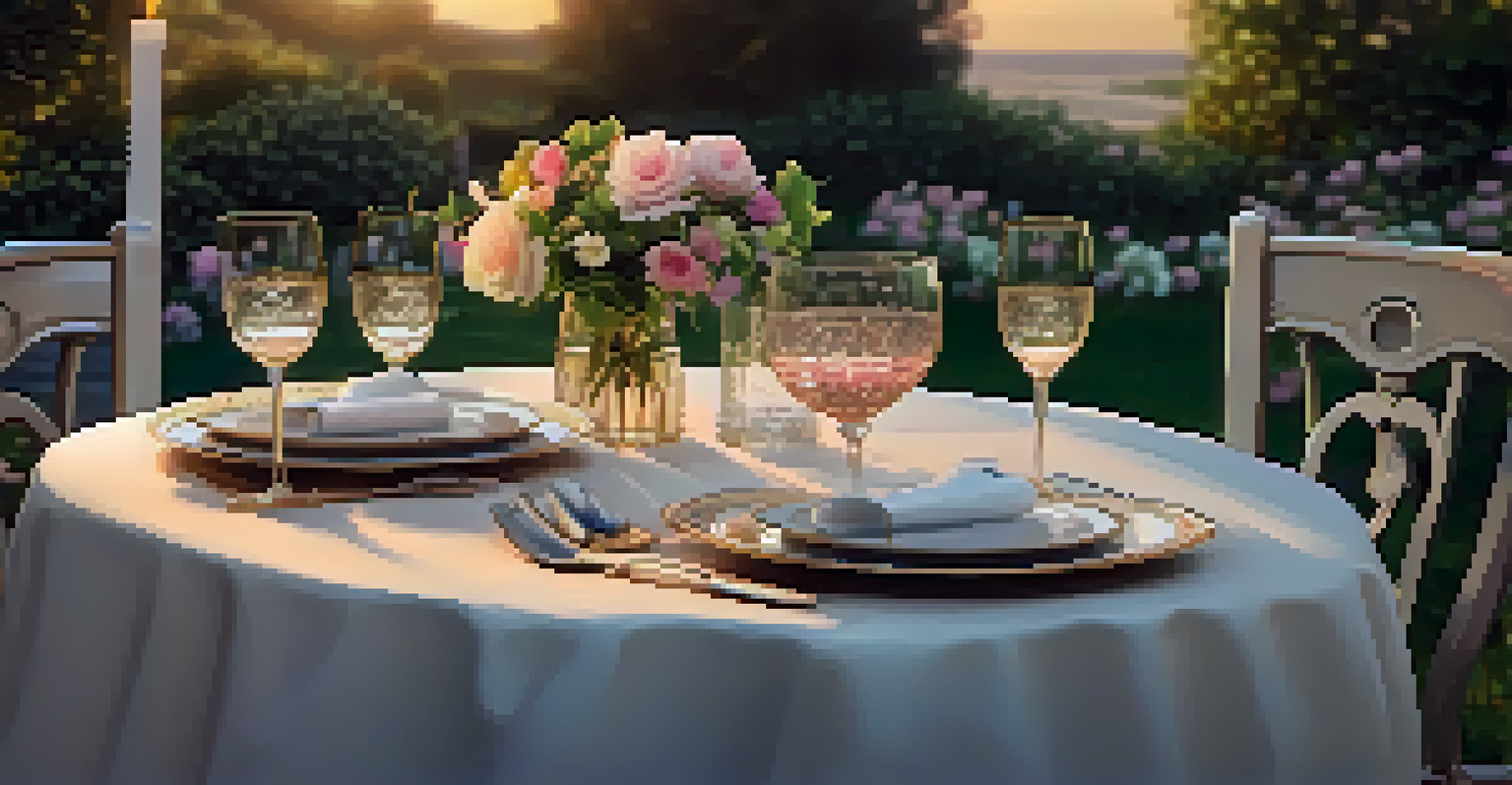 A romantic dinner table set for two in a garden, decorated with flowers and candles, illuminated by a sunset.