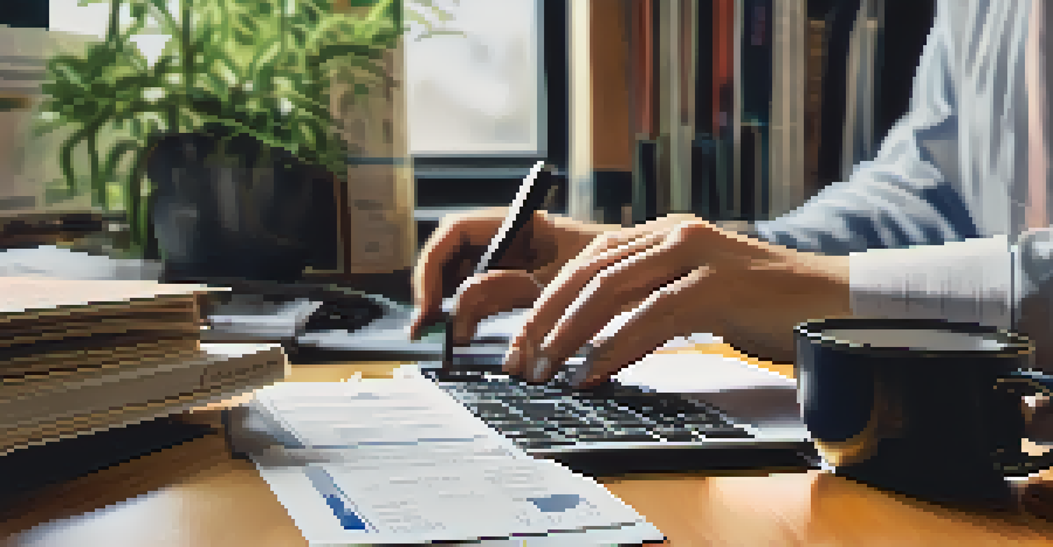 Close-up of hands typing on a laptop with tax documents and a calculator nearby, set in a softly blurred home office.