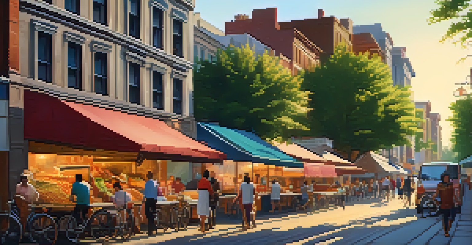 A vibrant city street filled with people and vendors at golden hour, showcasing urban architecture and greenery.