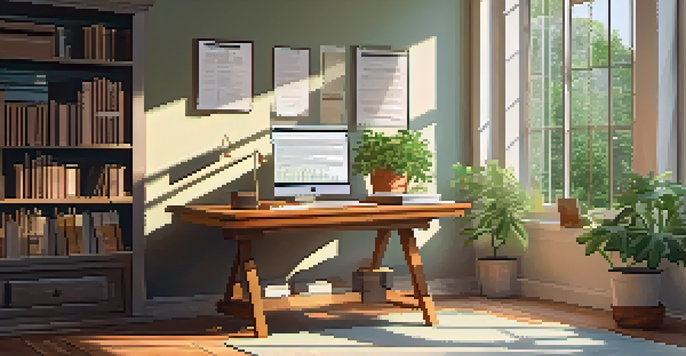 A calm office setup featuring a wooden desk with a laptop showing tax documents, a green potted plant, and sunlight coming through a window.