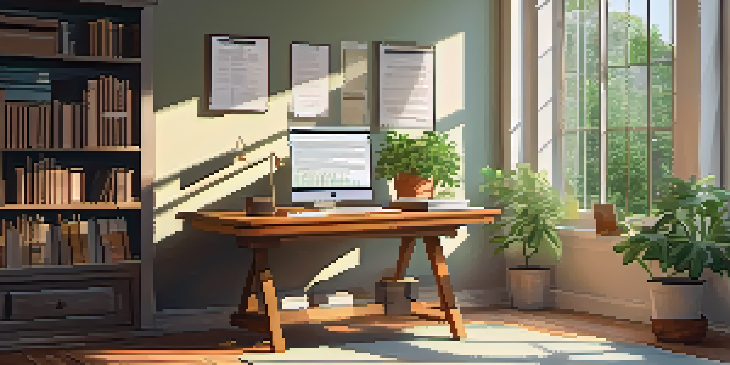 A calm office setup featuring a wooden desk with a laptop showing tax documents, a green potted plant, and sunlight coming through a window.