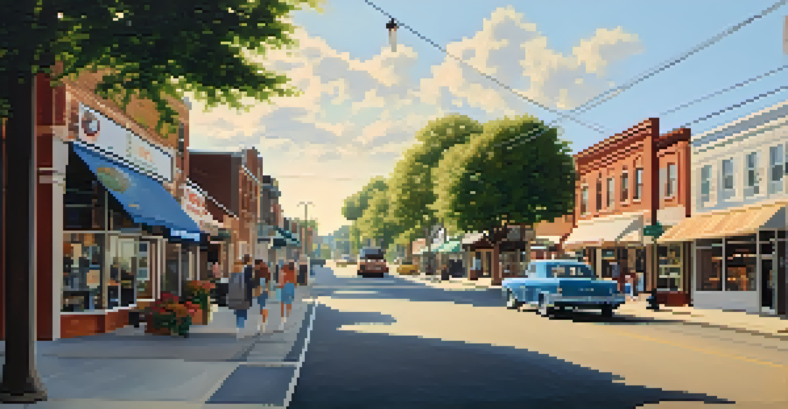 A small-town shopping district with storefronts showing 'Tax-Free Weekend' signs in warm sunlight.