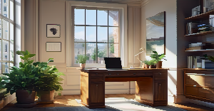 A calm office environment featuring a wooden desk, a laptop with financial graphs, a coffee cup, and a green plant, illuminated by natural light from a window.