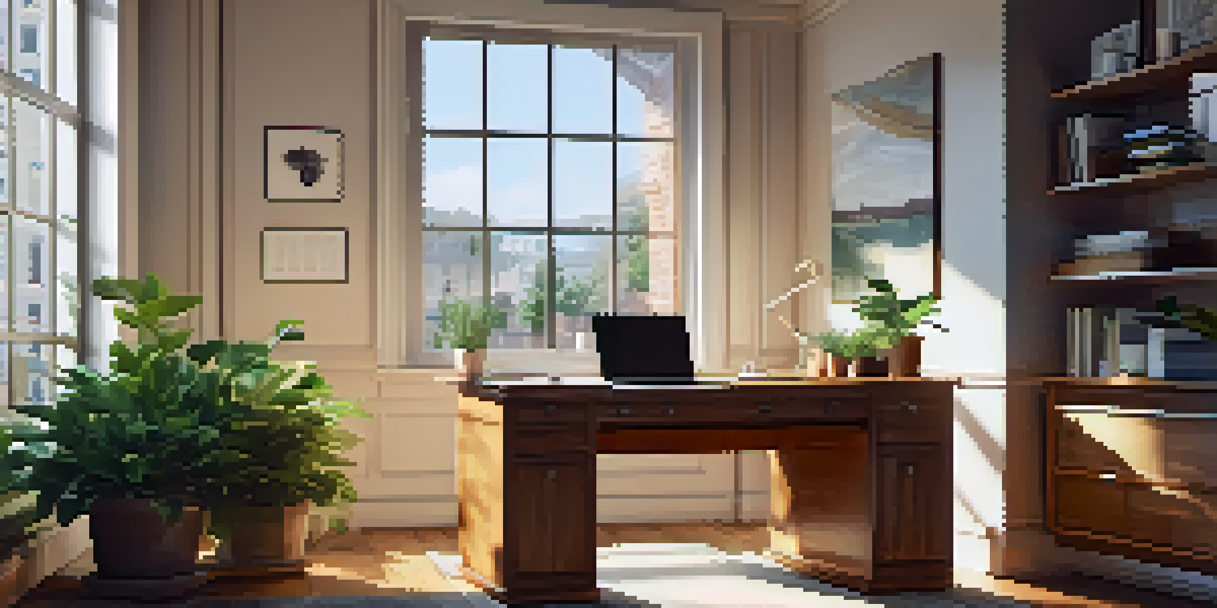 A calm office environment featuring a wooden desk, a laptop with financial graphs, a coffee cup, and a green plant, illuminated by natural light from a window.