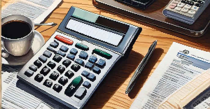 A close-up view of a tax document with highlighted sections, a calculator, a pen, and a cup of coffee on a wooden desk.