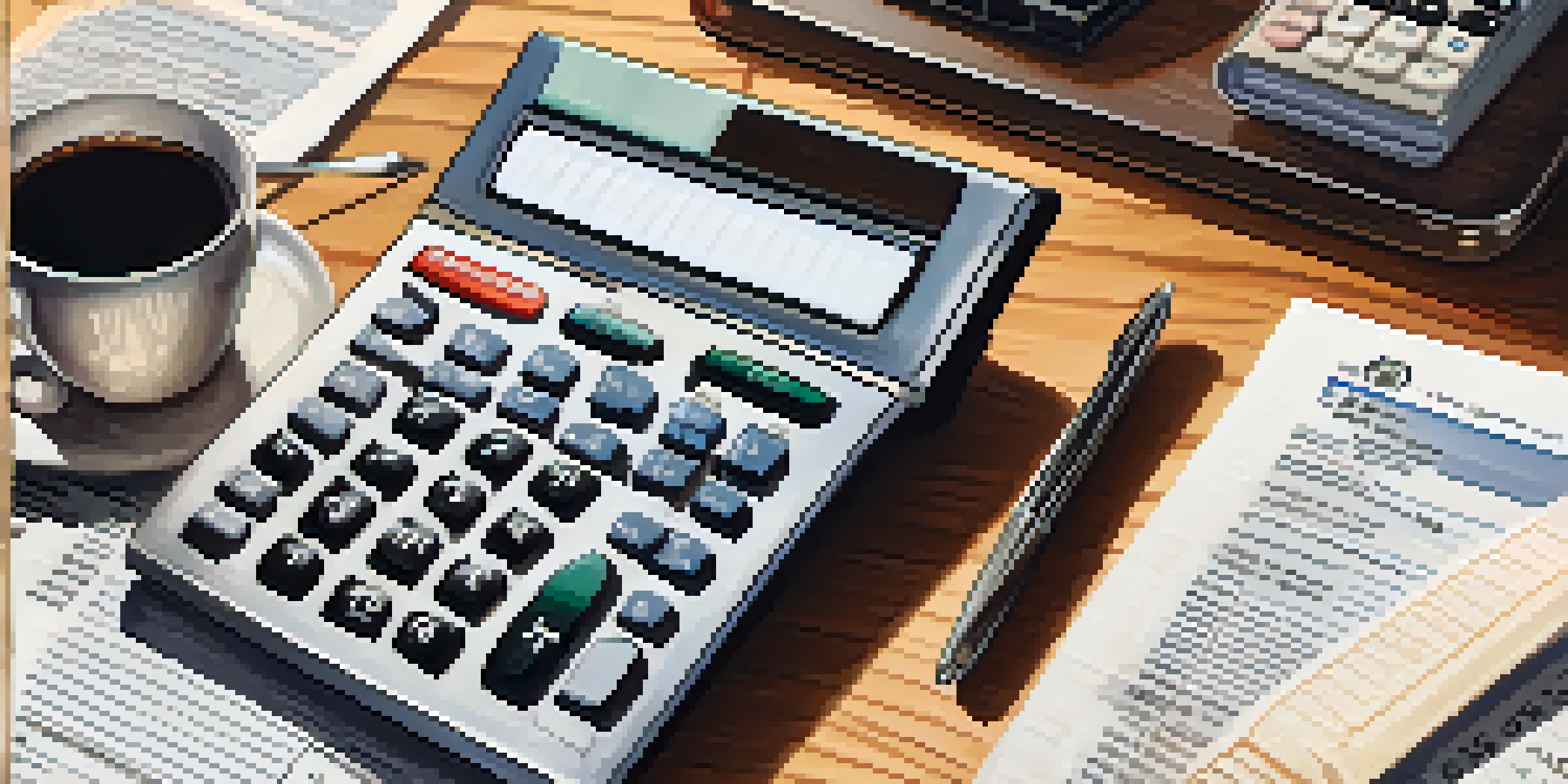 A close-up view of a tax document with highlighted sections, a calculator, a pen, and a cup of coffee on a wooden desk.
