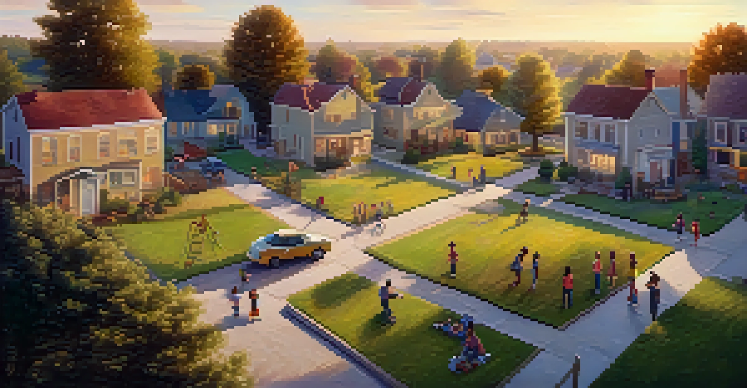 A picturesque small town at sunset, showcasing a school and houses with children playing and adults conversing.