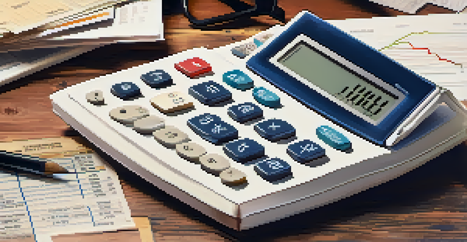 A close-up of a calculator and financial documents with charts related to bankruptcy on a wooden surface.