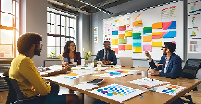 A diverse group of entrepreneurs brainstorming in a bright modern office, surrounded by charts and graphs.
