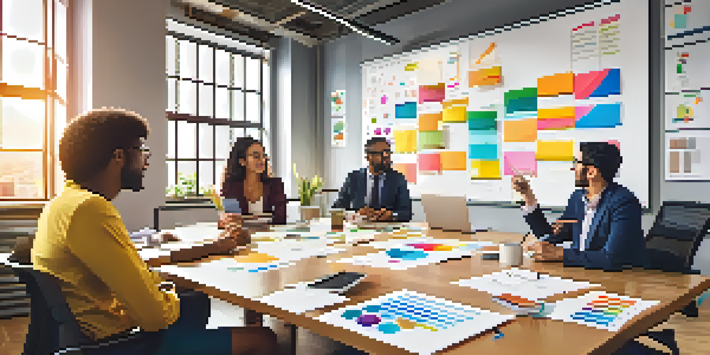 A diverse group of entrepreneurs brainstorming in a bright modern office, surrounded by charts and graphs.