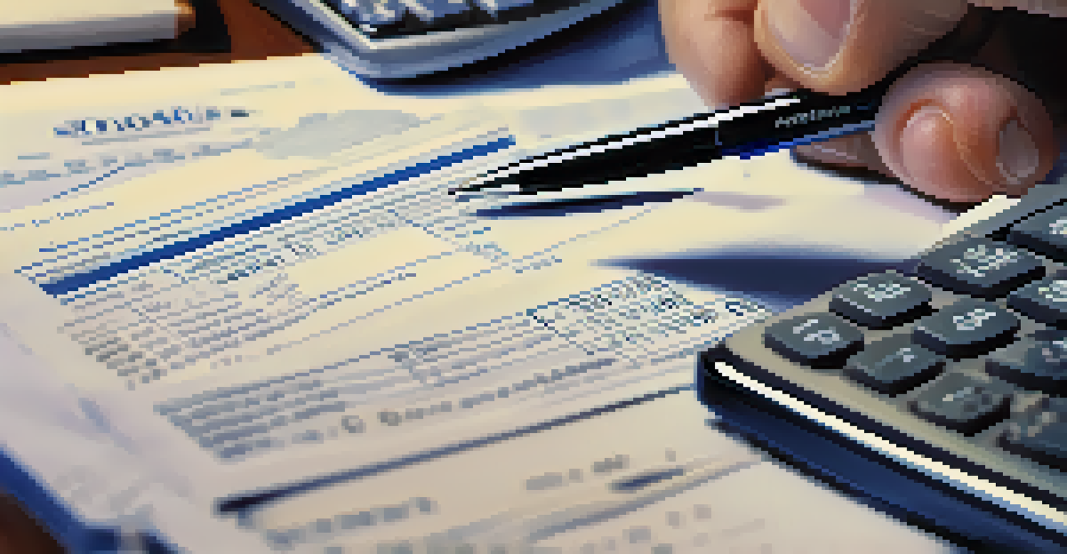 A close-up of a hand filling out a tax form with a pen and a calculator in the background.