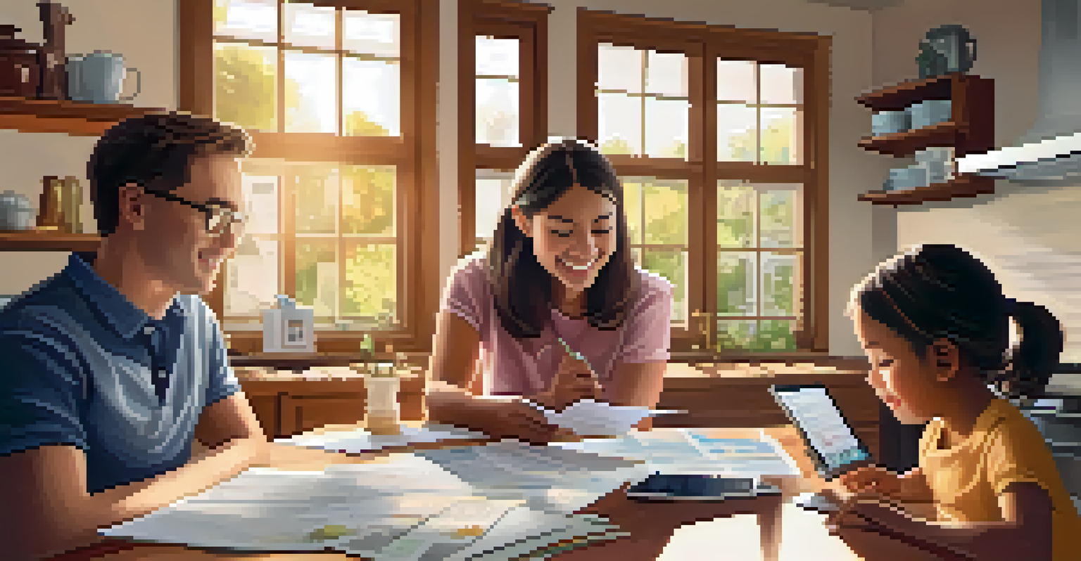 A family discussing education tax incentives at a kitchen table with papers, a calculator, and a laptop, set in a warm and inviting home environment.
