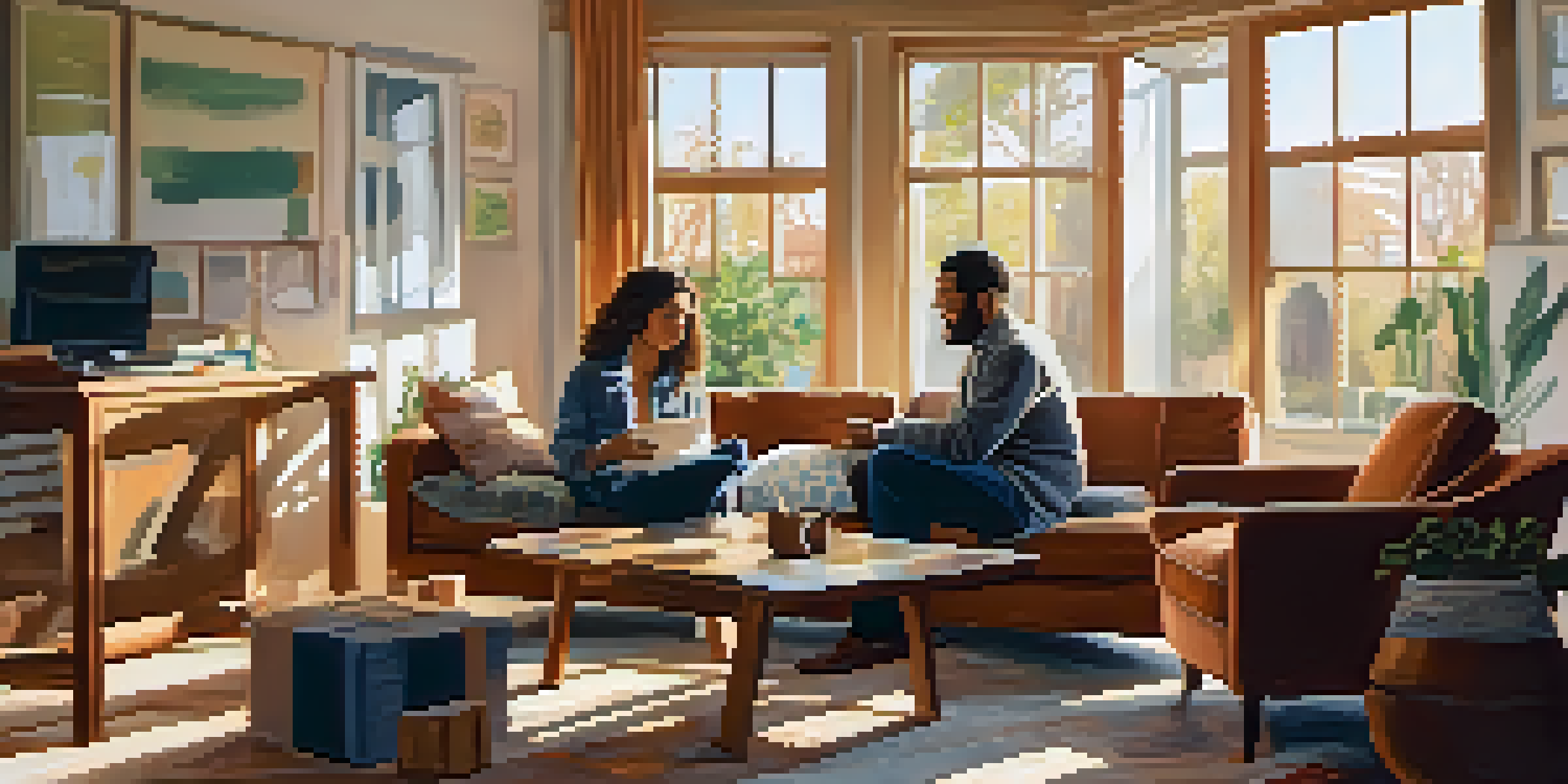 A couple in a warm living room discussing their home sale, with sunlight illuminating the room and boxes around them.