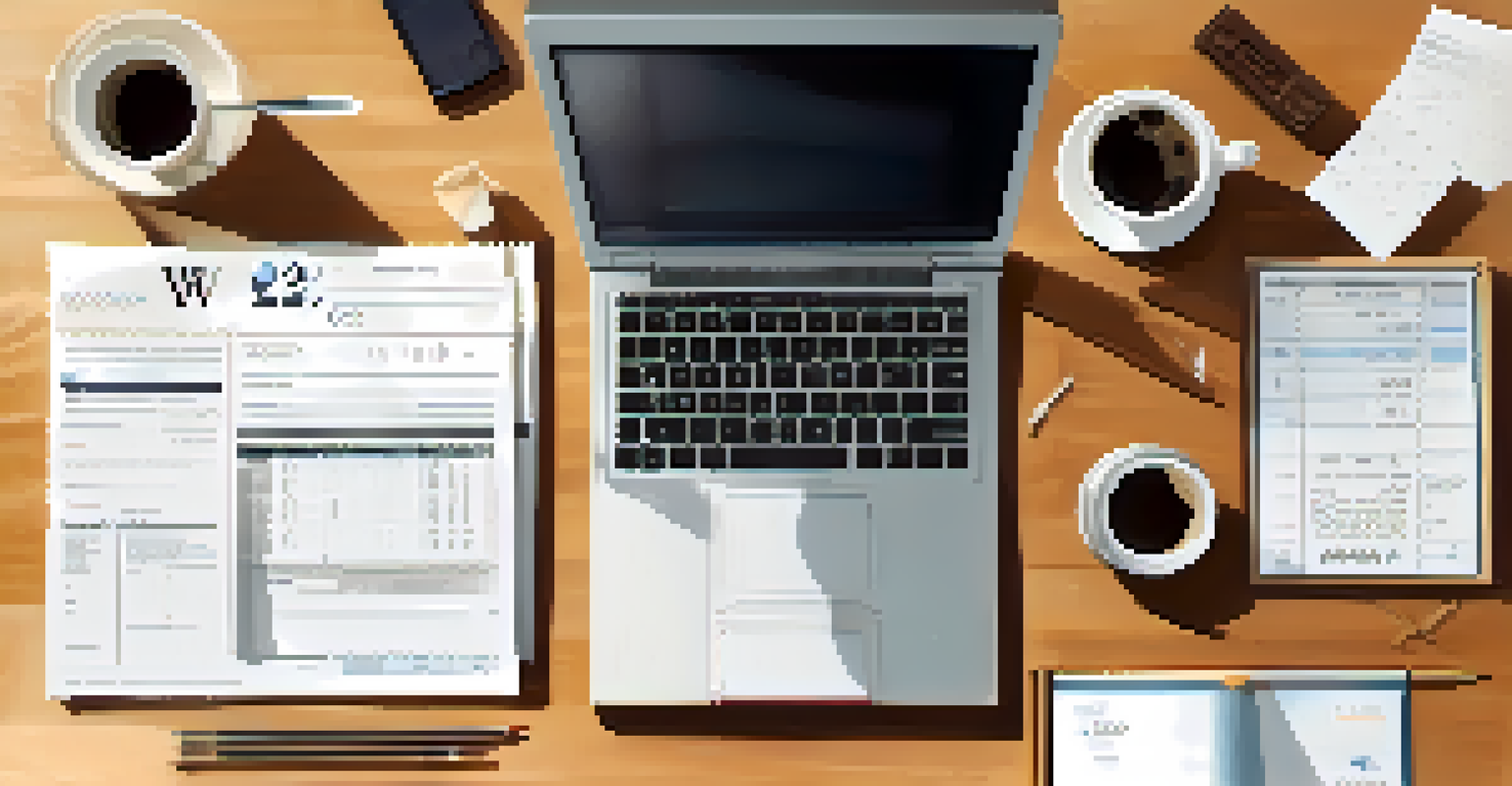 An overhead view of a workspace with a W-2 form, calculator, and coffee cup under natural light.