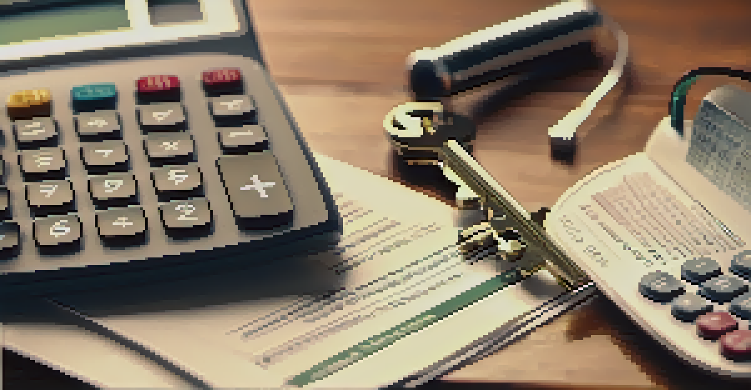 A calculator, tax documents, and a house key on a wooden desk.