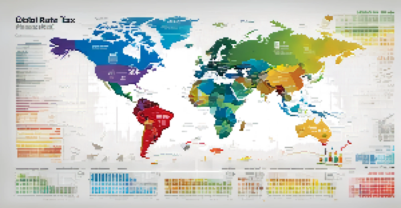 A world map infographic illustrating corporate tax rates, with color-coded countries and industry icons.