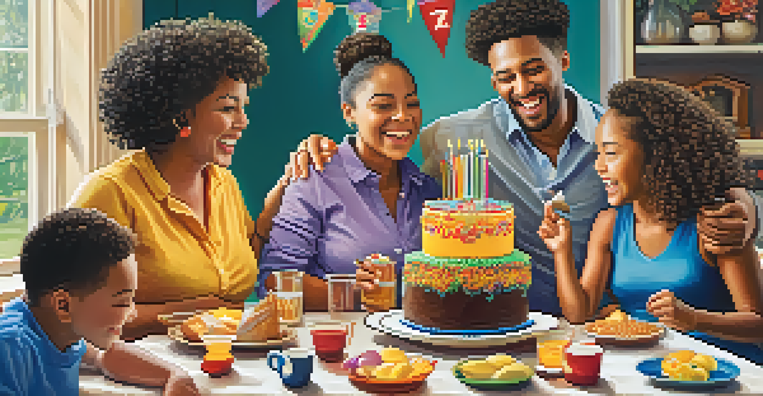 A happy family celebrating at a dining table with a cake, expressing joy over their tax refund.