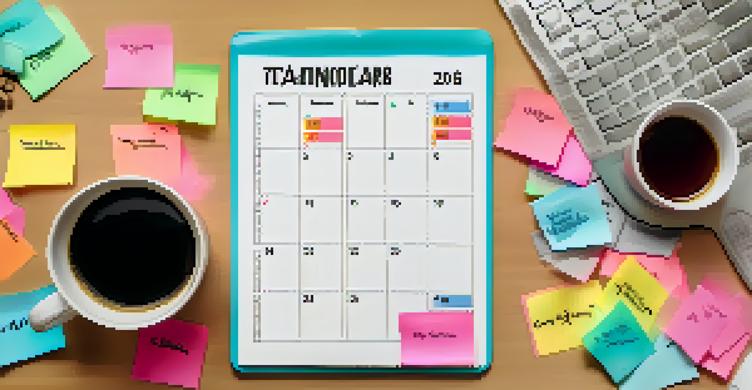 A detailed view of a desk with a calendar highlighting tax deadlines, sticky notes, and a calculator, emphasizing financial organization.