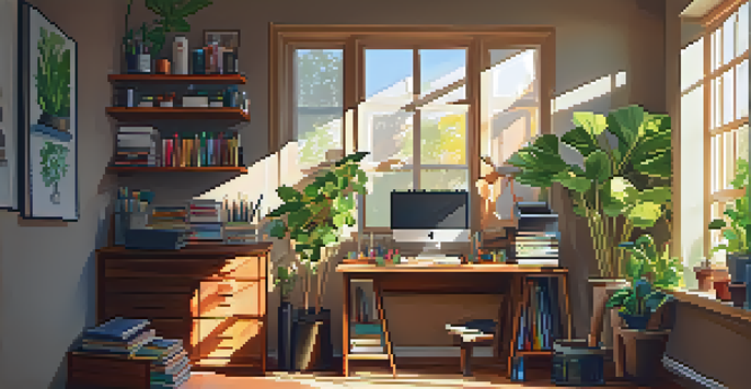 A bright home office filled with art supplies including paint tubes, brushes, and sketchbooks, with sunlight streaming through a window.