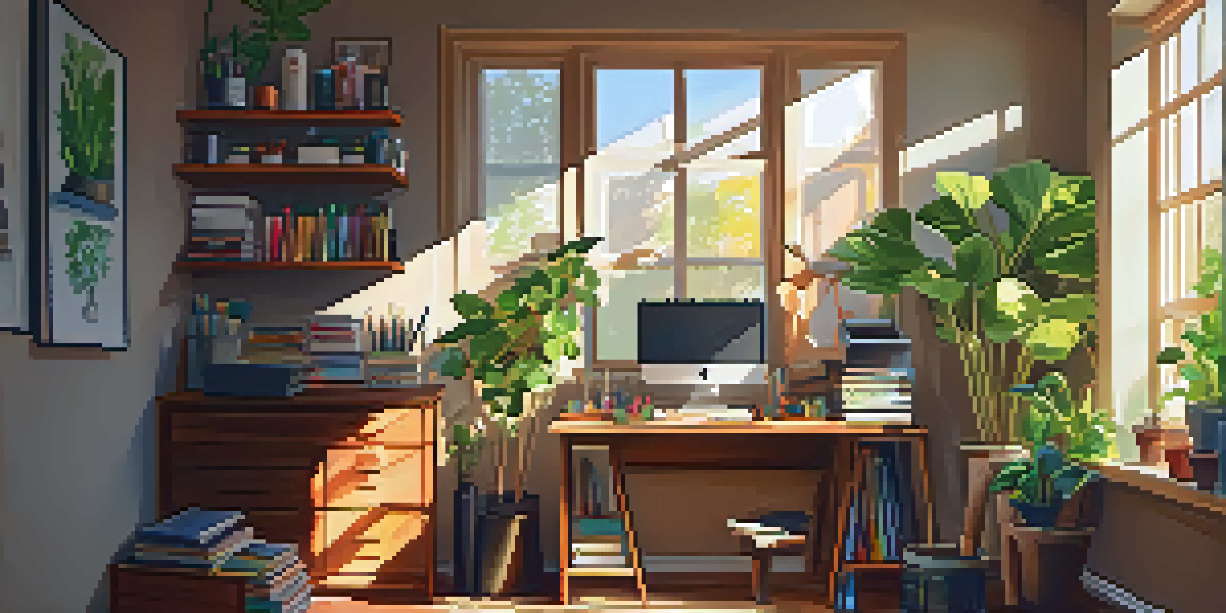 A bright home office filled with art supplies including paint tubes, brushes, and sketchbooks, with sunlight streaming through a window.
